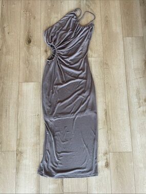 NWT Simons One-Shoulder Ruched Cutout Midi Dress in Taupe Gray